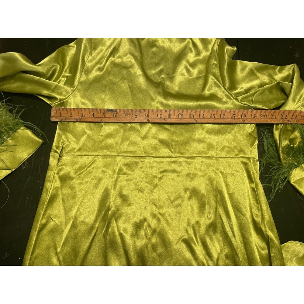 Forever Amelia Chartreuse Green Satin Wrap Maxi Dress Feather Cuff Womens 14 NEW - Picture 6 of 6